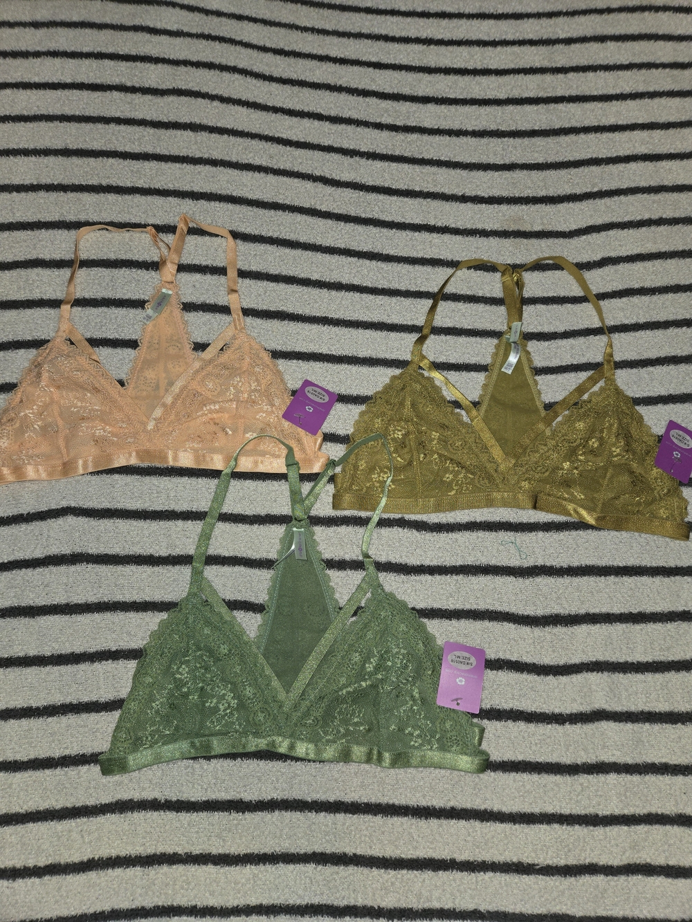Lace Triangle Bralette - Peach, Olive & Sage (3-Pack)